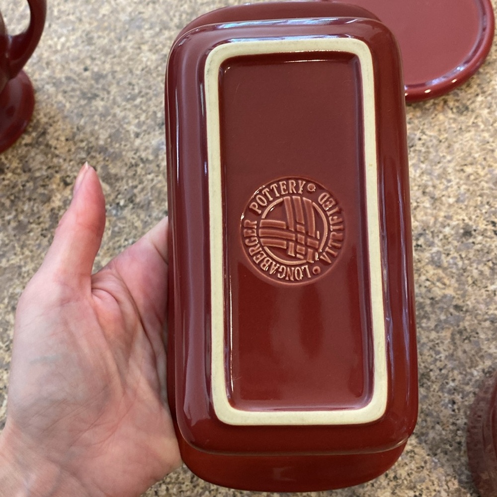Longaberger Pottery Paprika Red Woven Traditions Small Loaf Pan, Pint Crock, Lid - Picture 11 of 14